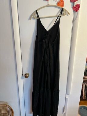 Tiered Black Maxi Dress with V-Neck and Tie Back silk and salt